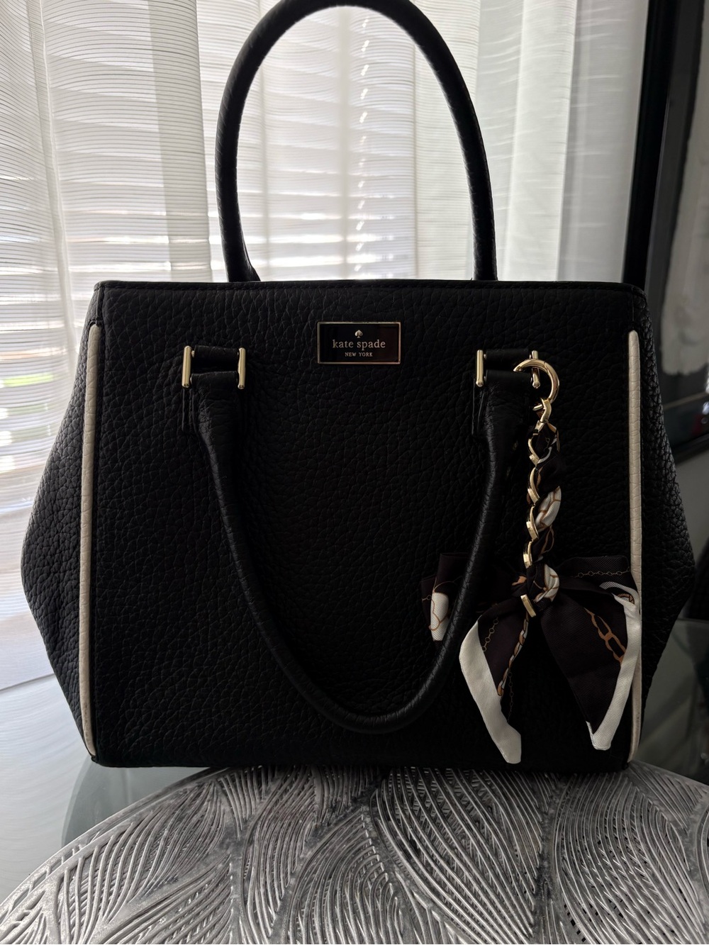 kate spade Black Pebbled Leather Satchel with Gold Hardware and Scarf Charm